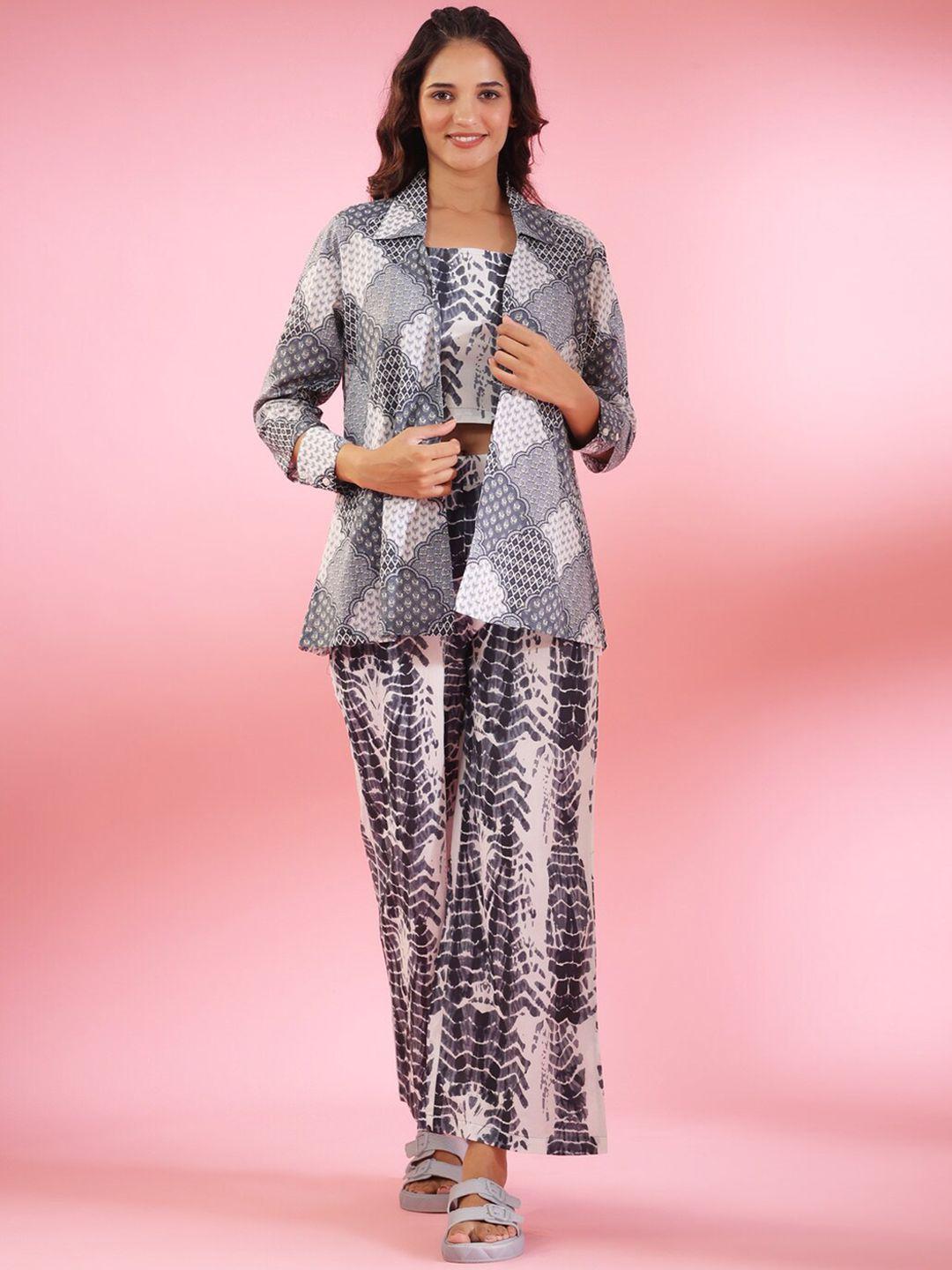 jisora grey & white 3 pieces ethnic motifs printed pure cotton night suit