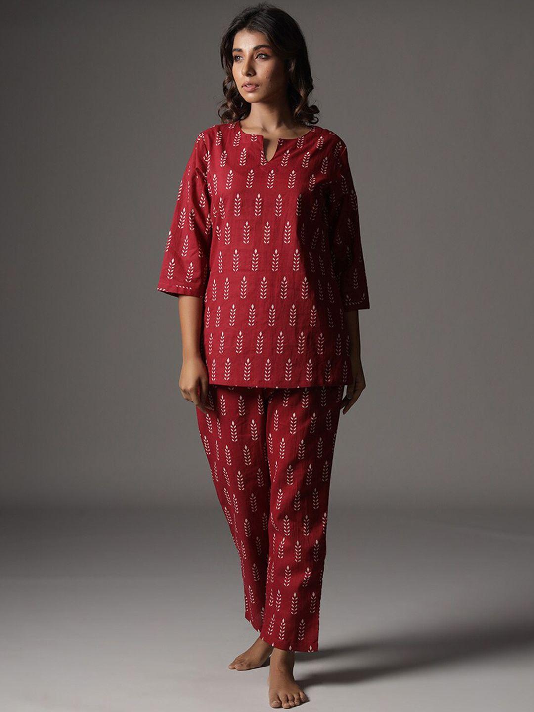 jisora maroon floral printed pure cotton night suits