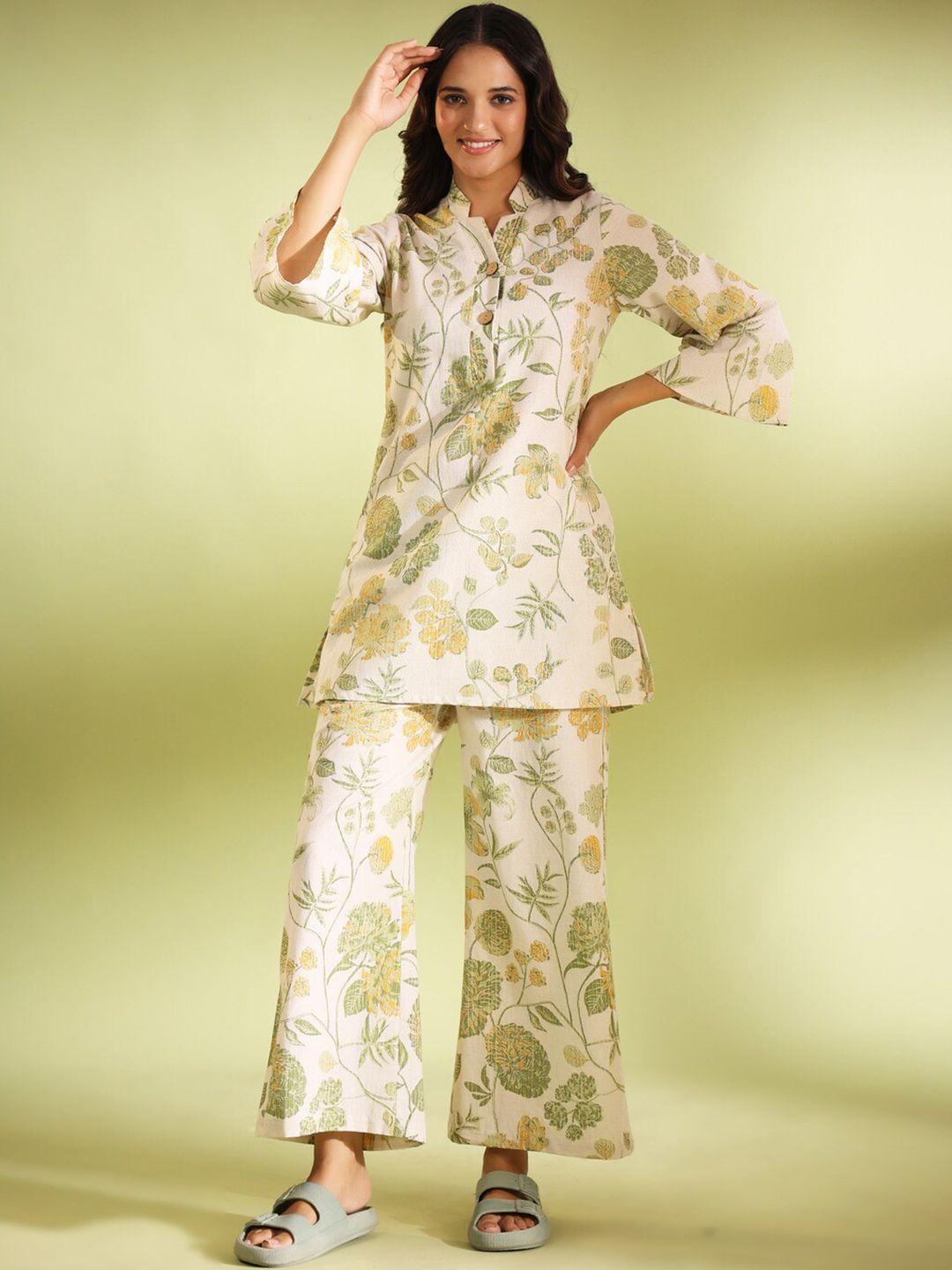 jisora off white & beige floral printed pure cotton night suit