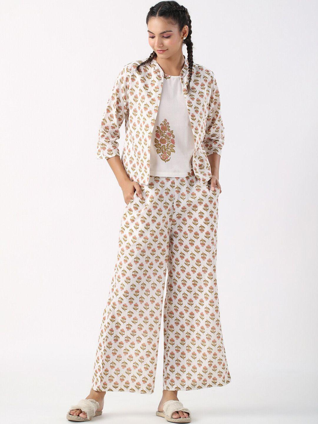 jisora off-white floral printed pure cotton night suit with shrug