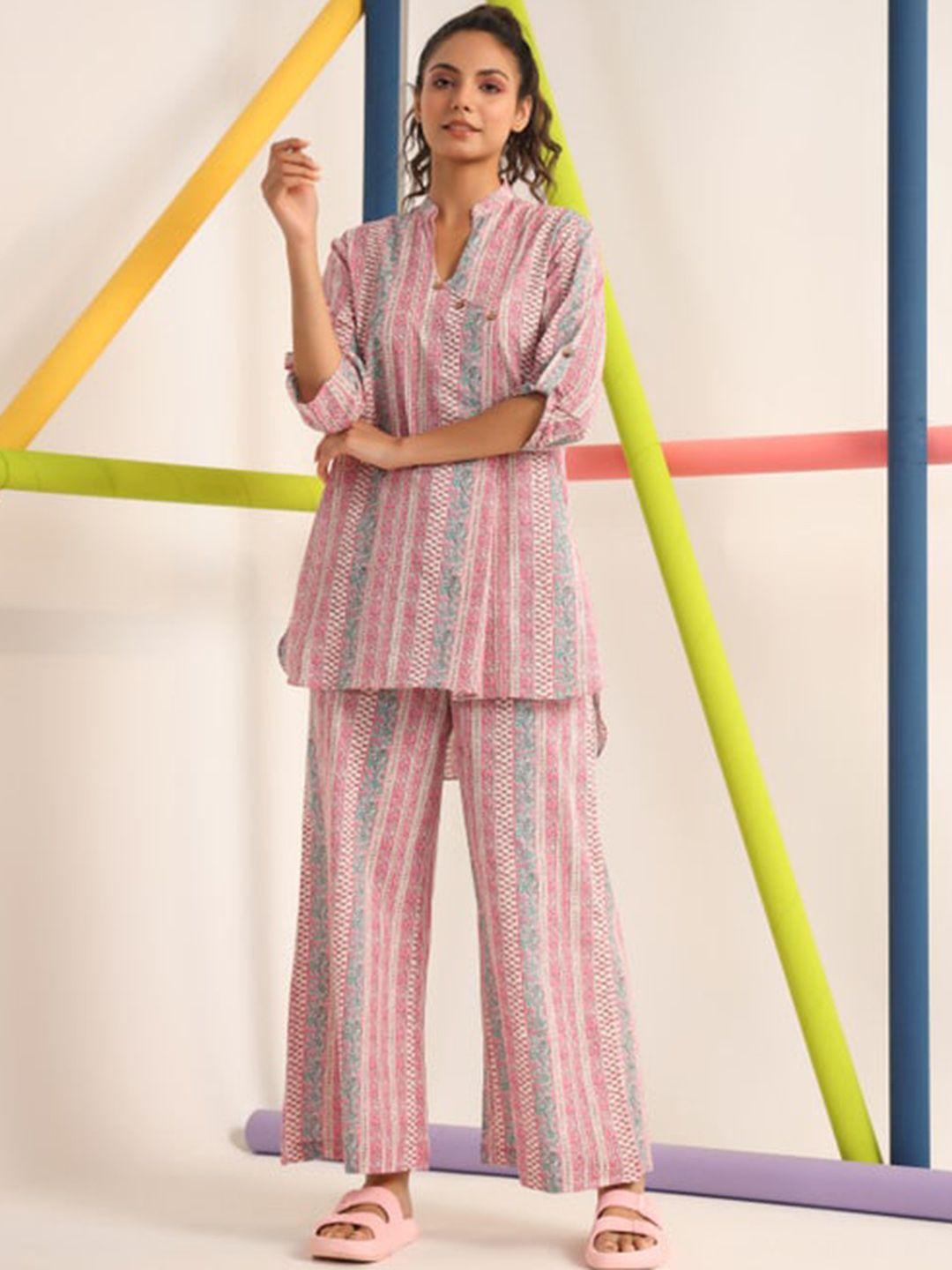 jisora pink & green striped pure cotton night suit