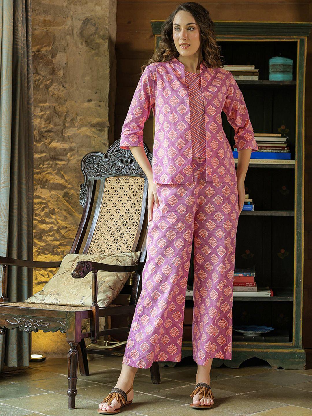 jisora pink ethnic motifs printed pure cotton top & palazzo with shrug