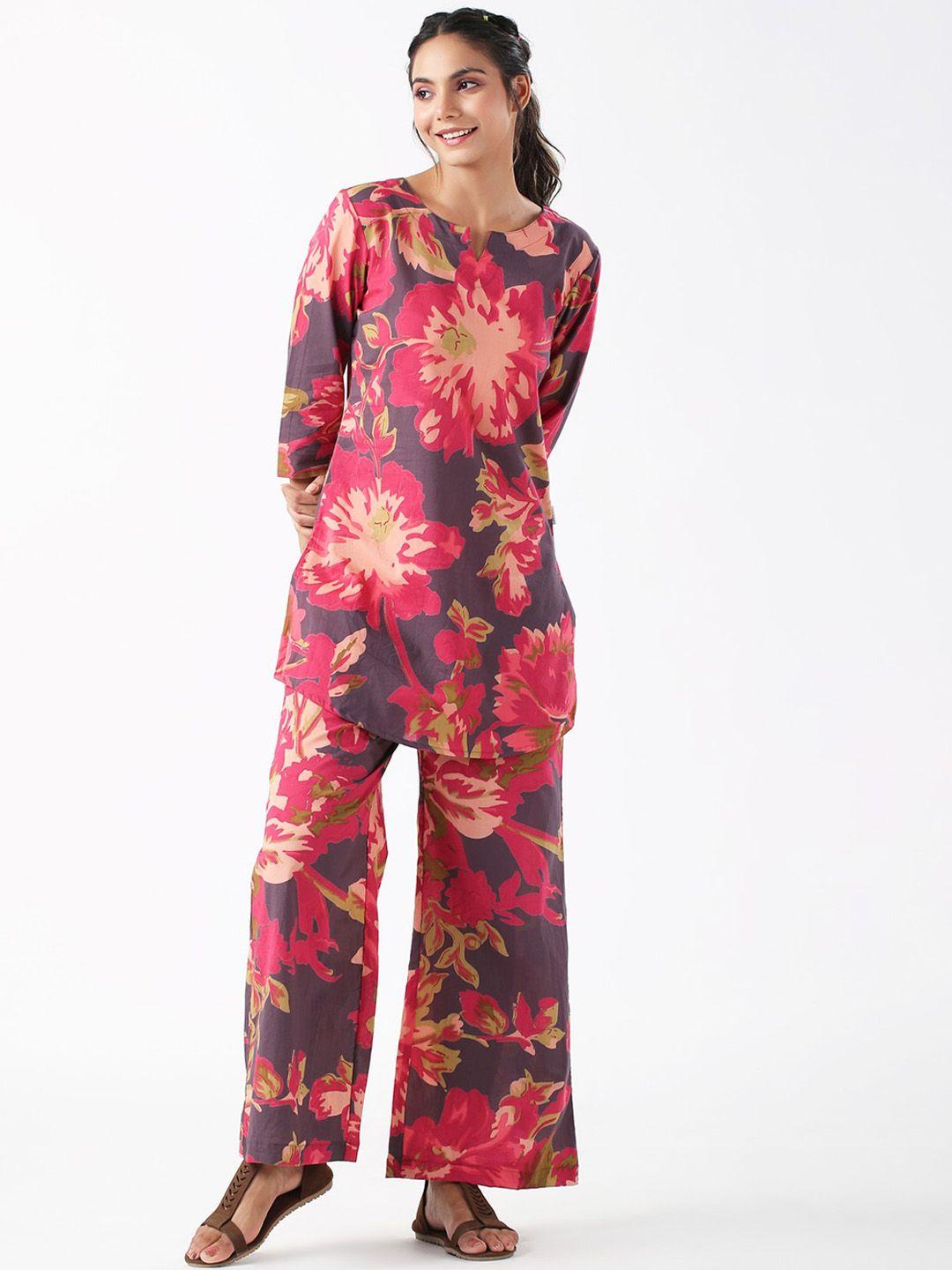 jisora pink floral printed cotton tunic & palazzo