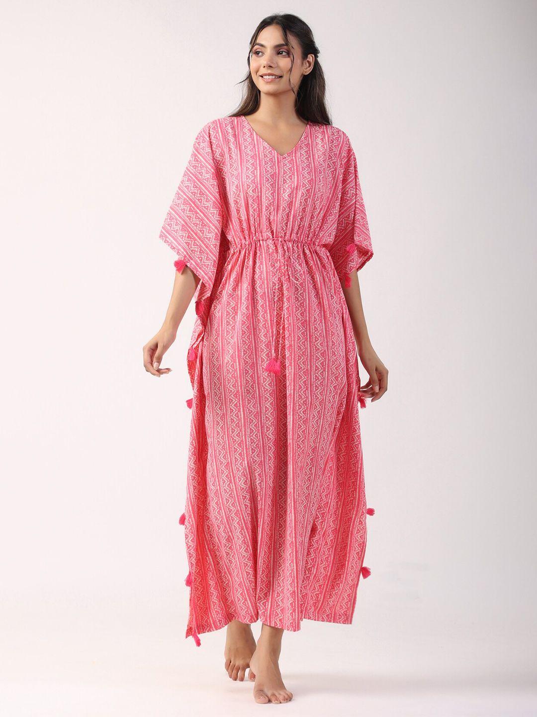 jisora pink geometric printed pure cotton kaftan maxi nightdress