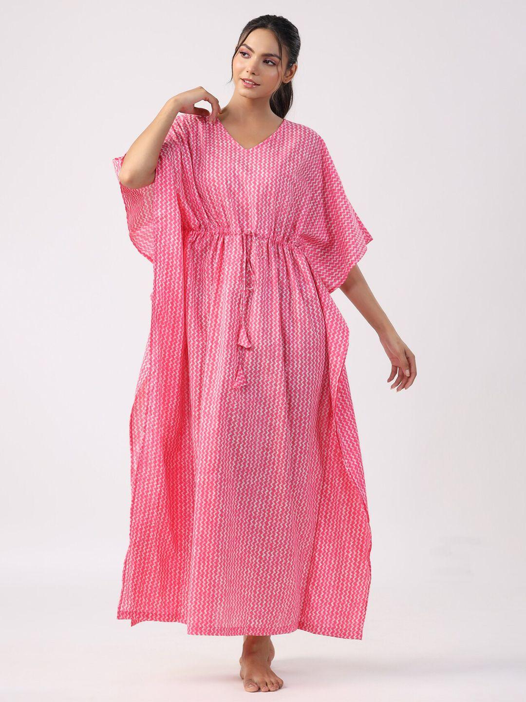 jisora pink geometric printed pure cotton maxi kaftan nightdress