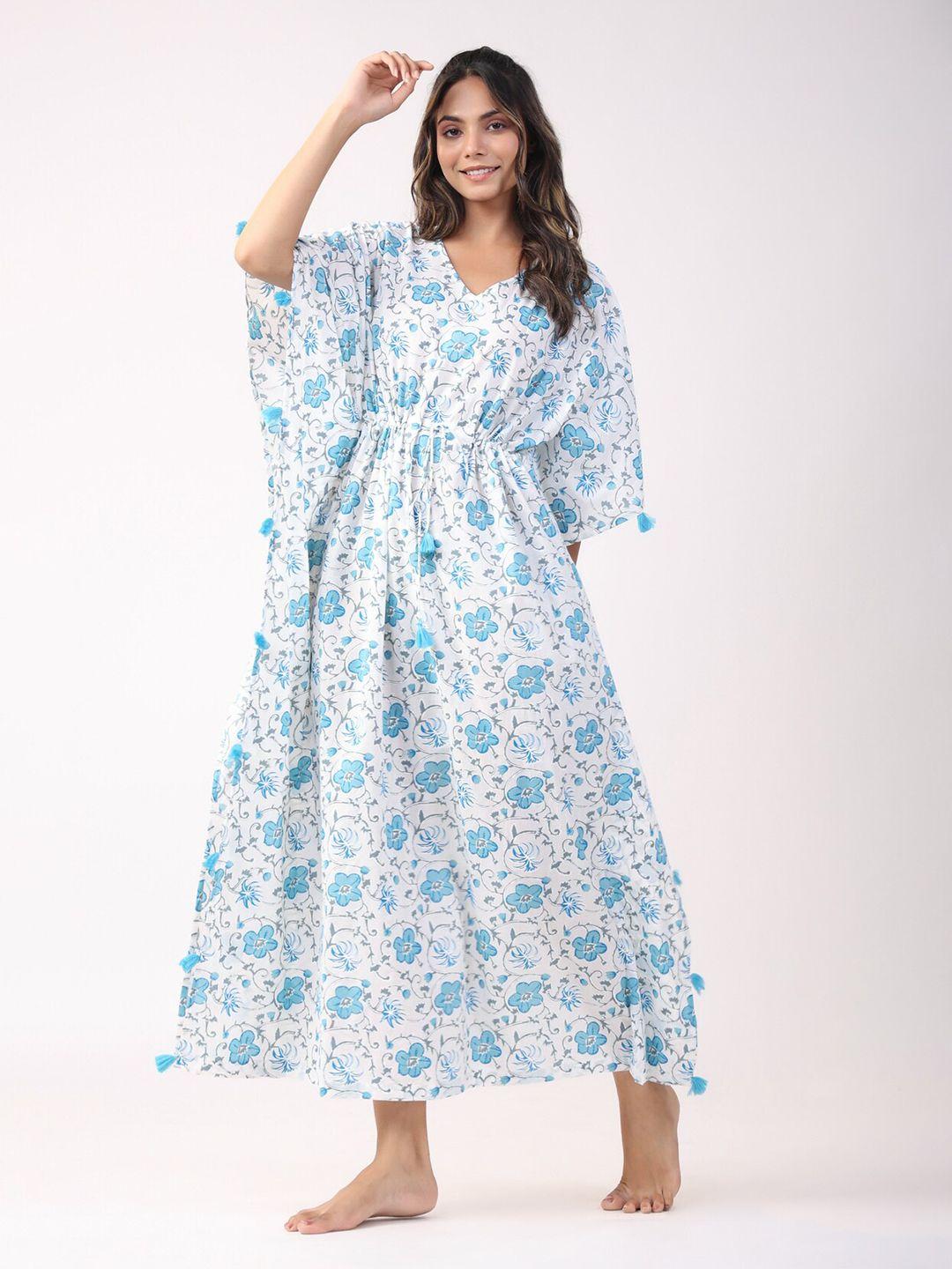 jisora white & blue floral printed pure cotton kaftan maxi nightdress