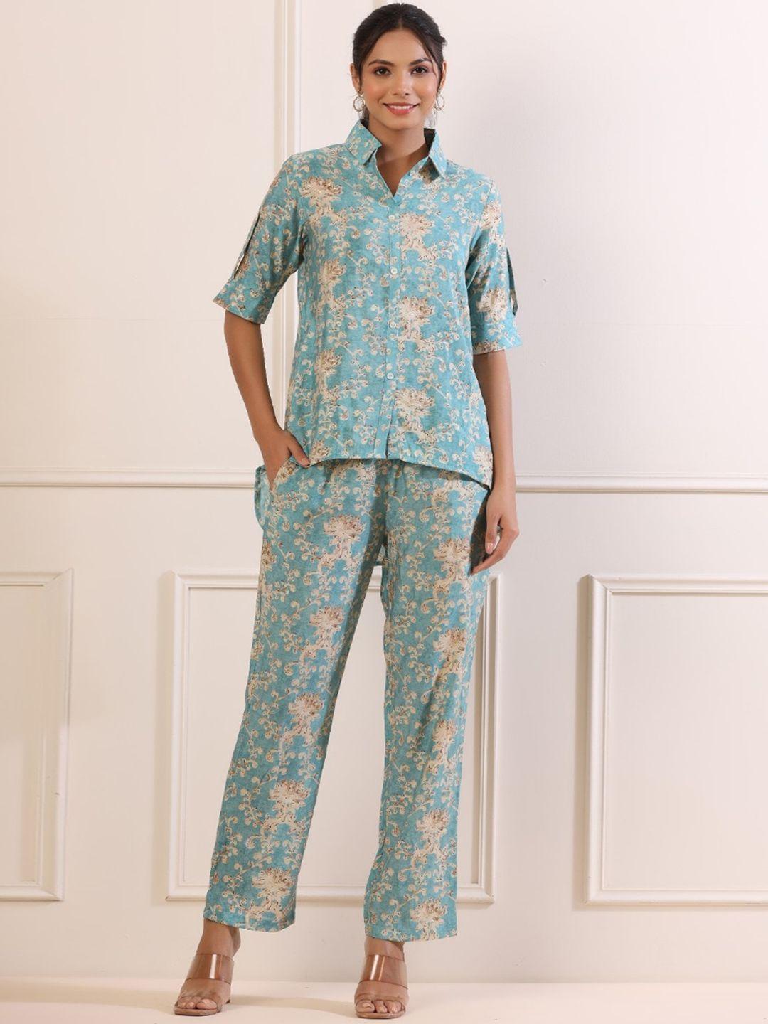 jisora women blue & beige printed pure silk co-ords set