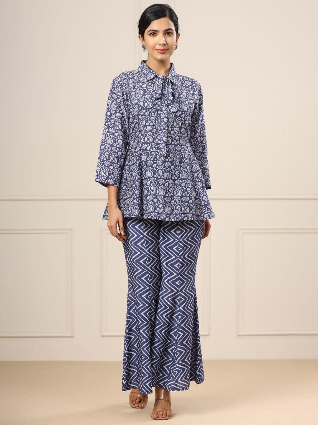 jisora women blue & white printed pure silk co-ords set