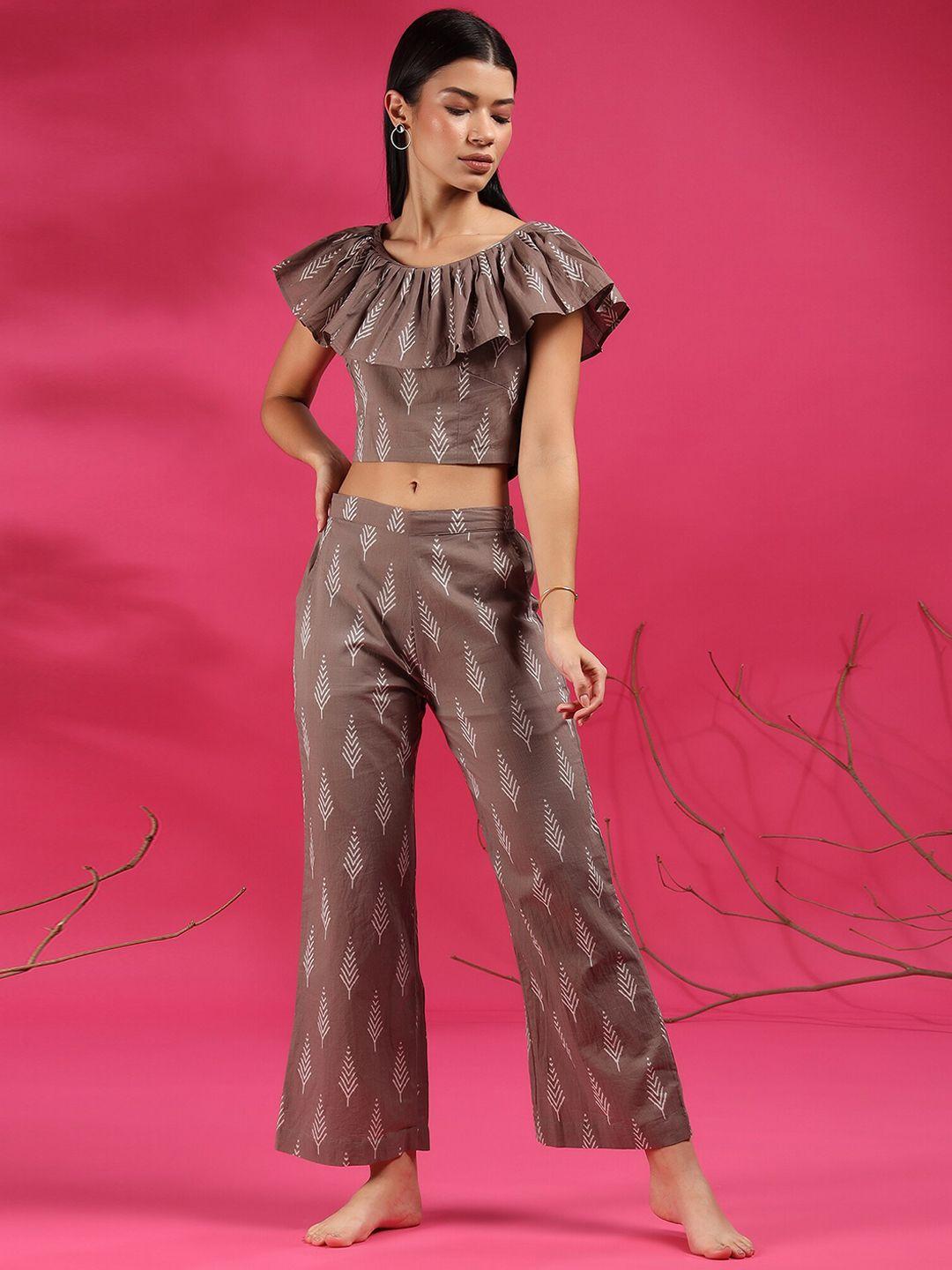 jisora women brown & grey printed pure cotton crop top & trouser co-ord set