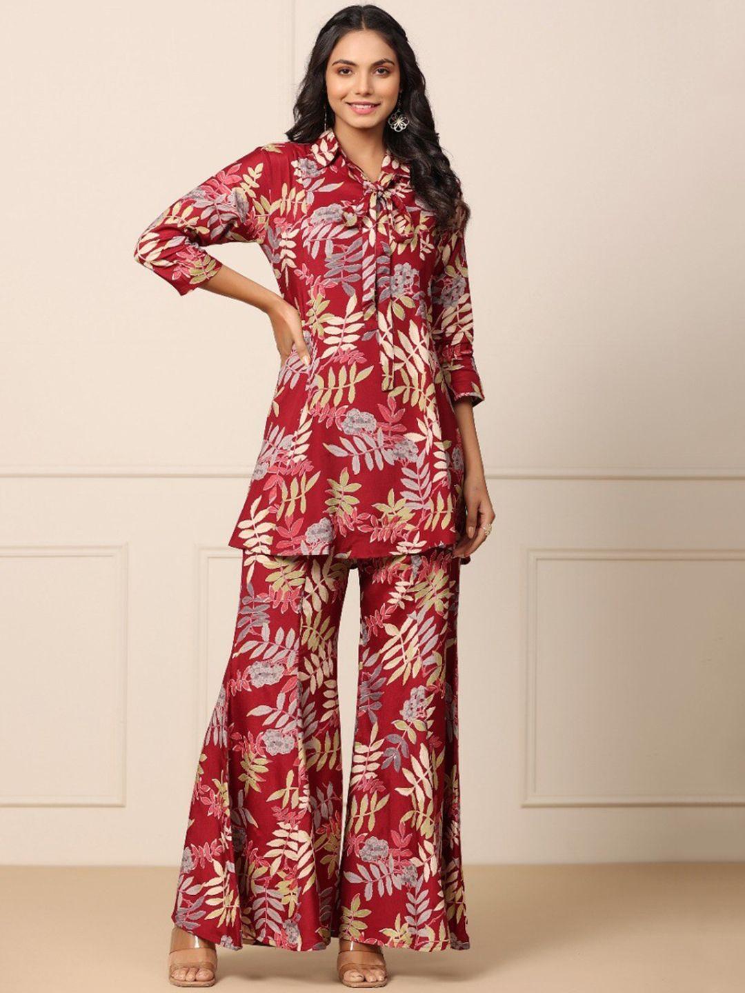 jisora women maroon & beige printed co-ords