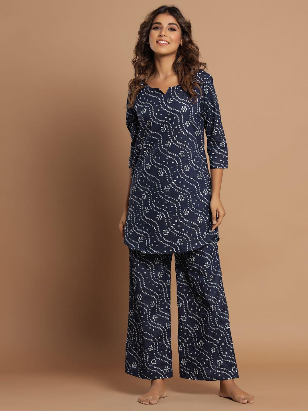 jisora women navy blue & white printed pure cotton night suit