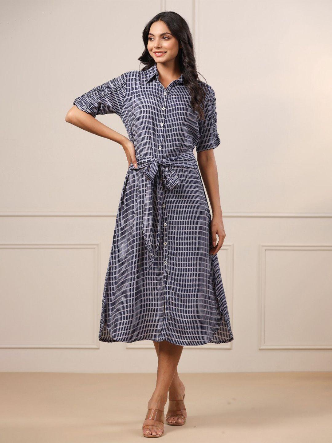 jisora women navy blue & white striped shirt midi dress