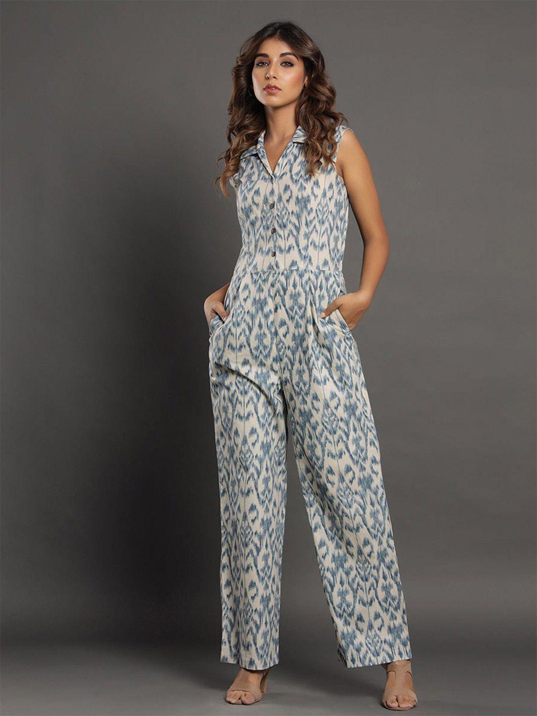 jisora women off white & blue printed basic jumpsuit