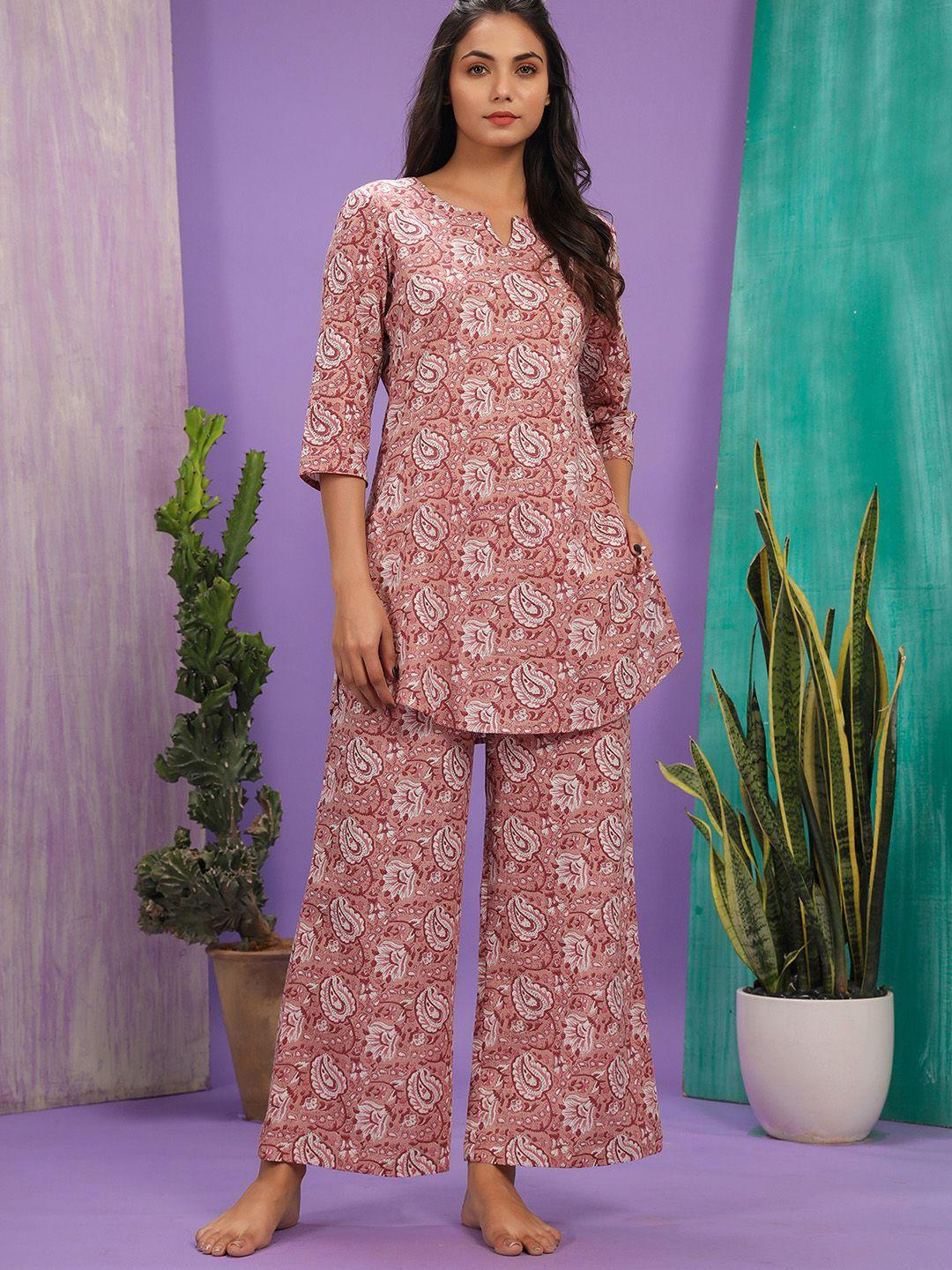 jisora women pink & white printed pure cotton night suit