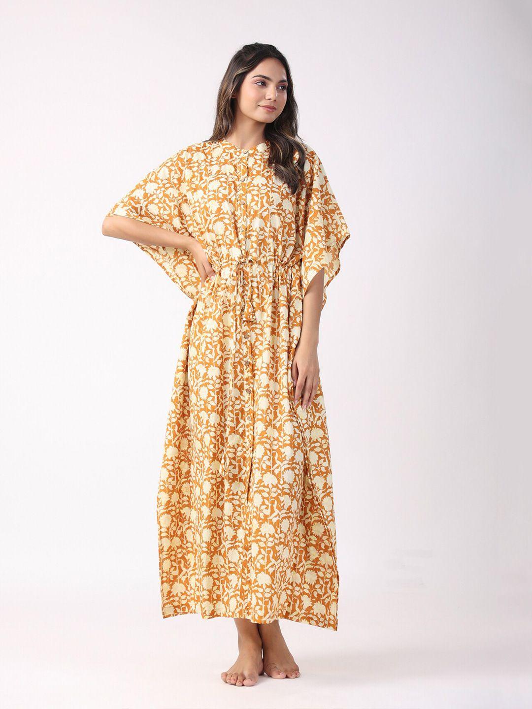 jisora yellow & off white floral printed maxi pure cotton kaftan nightdress