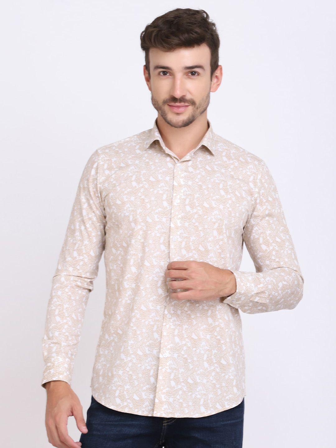 jjaagg t men cream-coloured regular fit classic printed cotton casual shirt