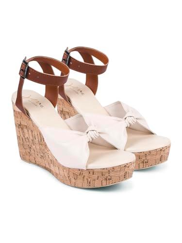 jm looks women's cream wedges heel ankle strap sandals with upper bow comfortable sole