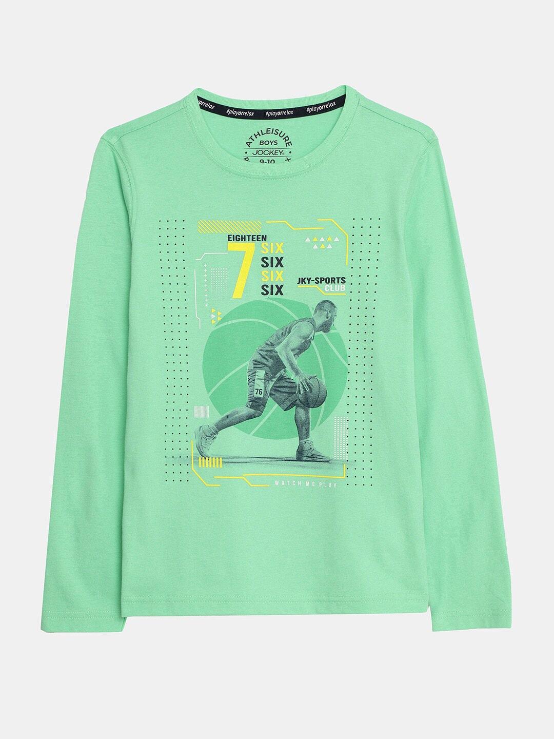 jockey boys green sports printed cotton t-shirt