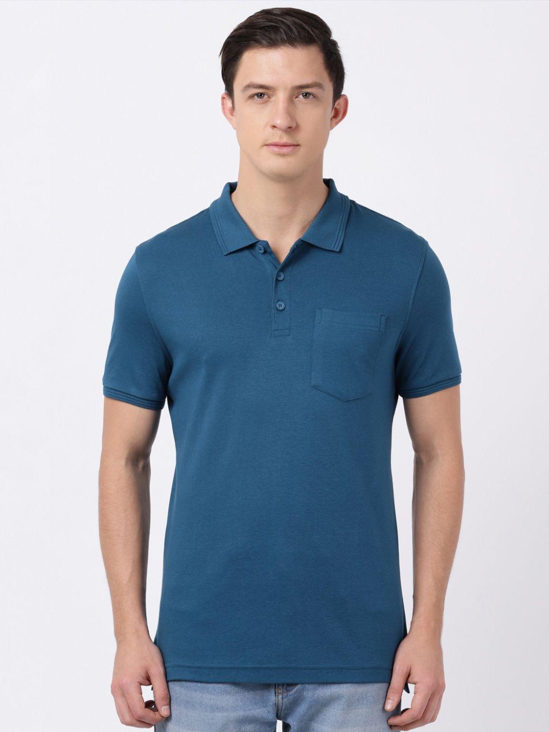 jockey men blue solid polo collar cotton t-shirt