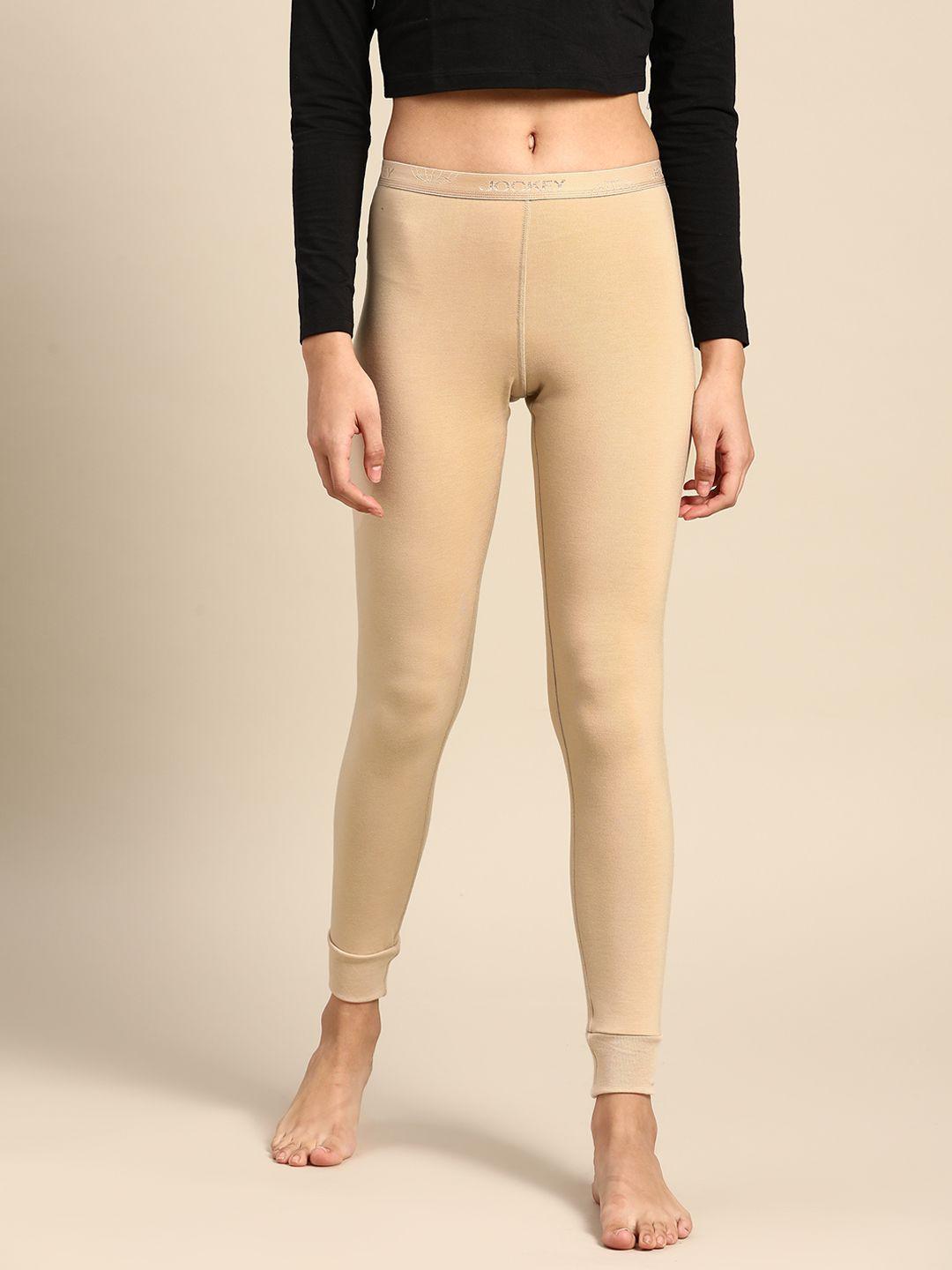 jockey women beige solid slim fit thermal leggings