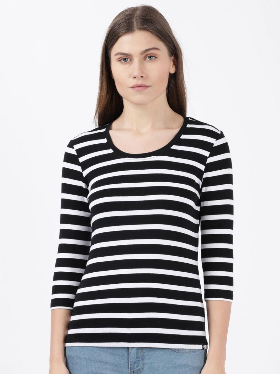 jockey women black & white striped cotton regular fit t-shirt