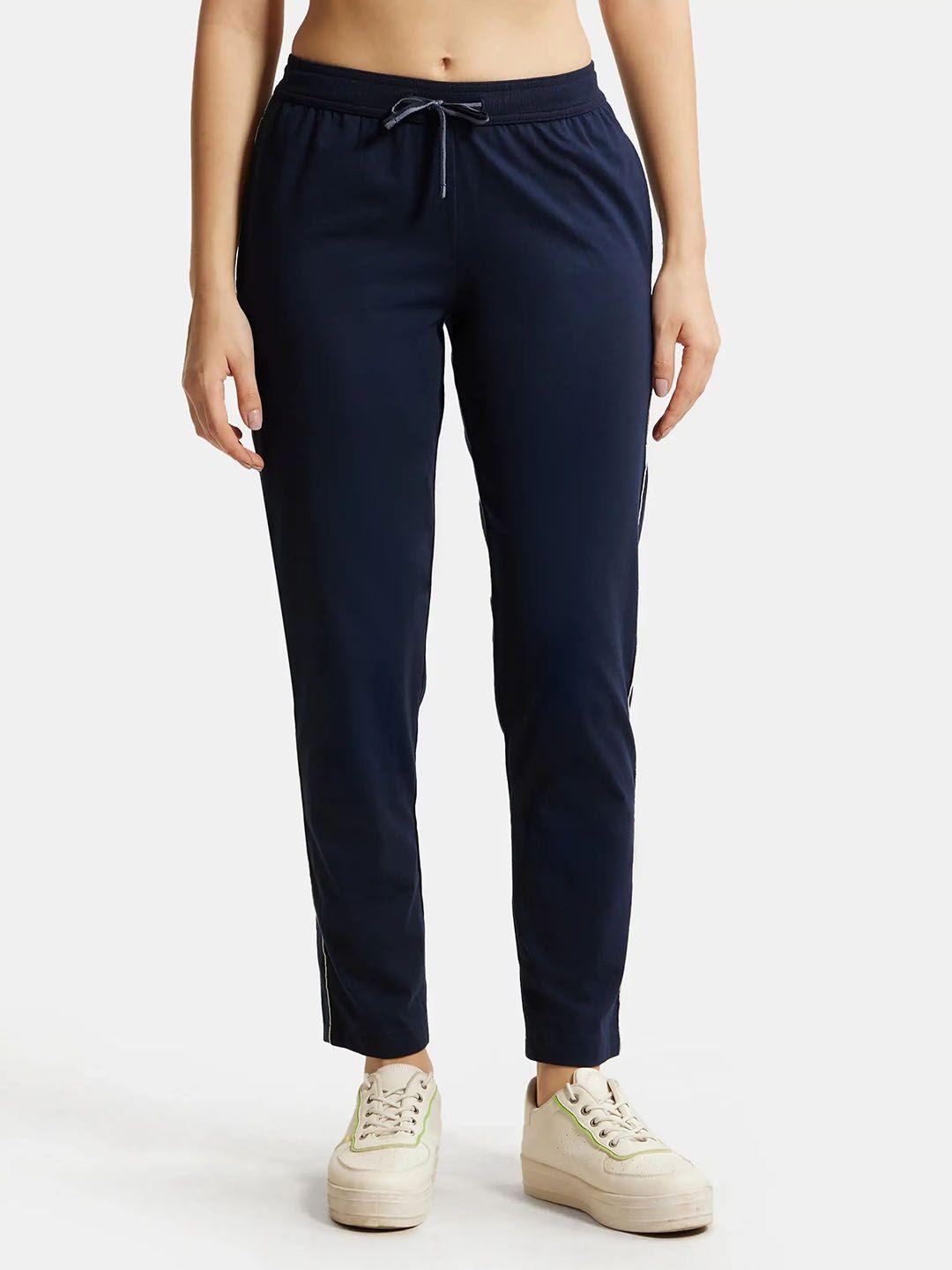 jockey women navy blue solid relaxed-fit track pant
