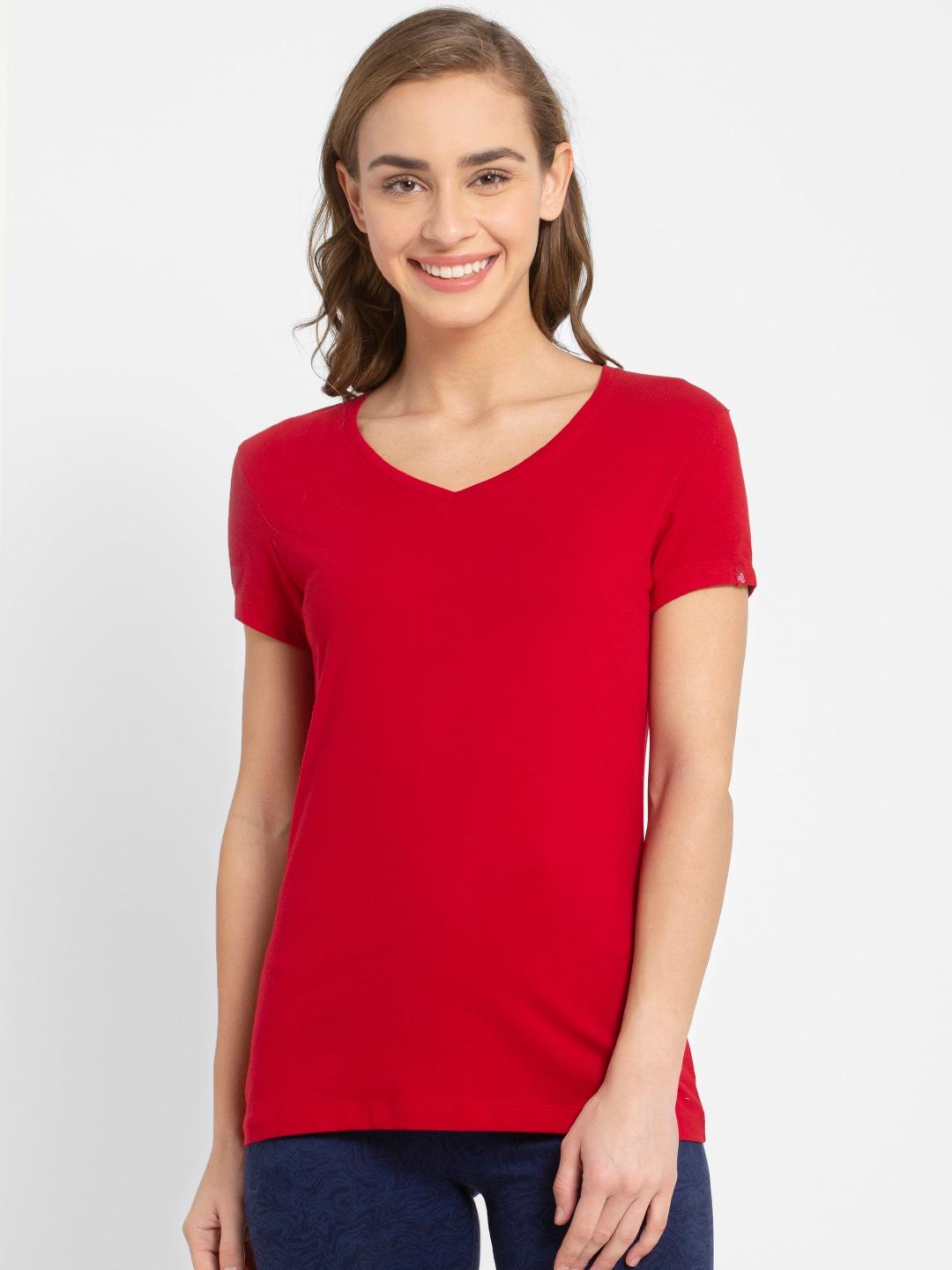 jockey women red solid v-neck t-shirt