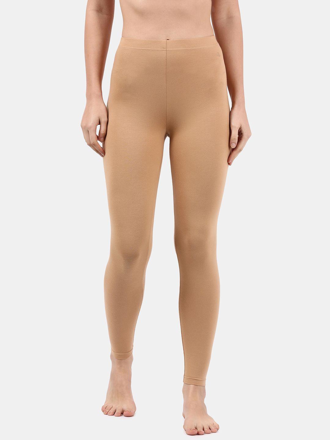 jockey women tan solid cotton ankle-length slim-fit leggings
