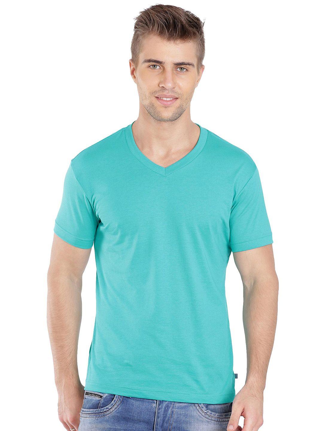 jockey athleisure men teal green regular fit solid v-neck pure cotton t-shirt