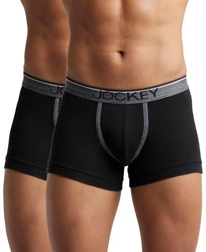 jockey men's super combed cotton rib fabric trunks with ultrasoft and durable waistband & engineered to prevent thigh ride up (pack of 2) 8015_black_l