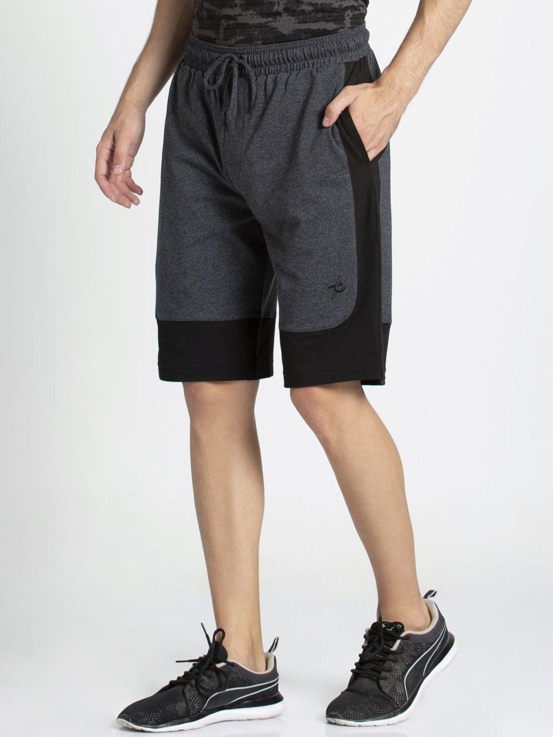 jockey men charcoal grey & black colourblocked slim fit sports shorts