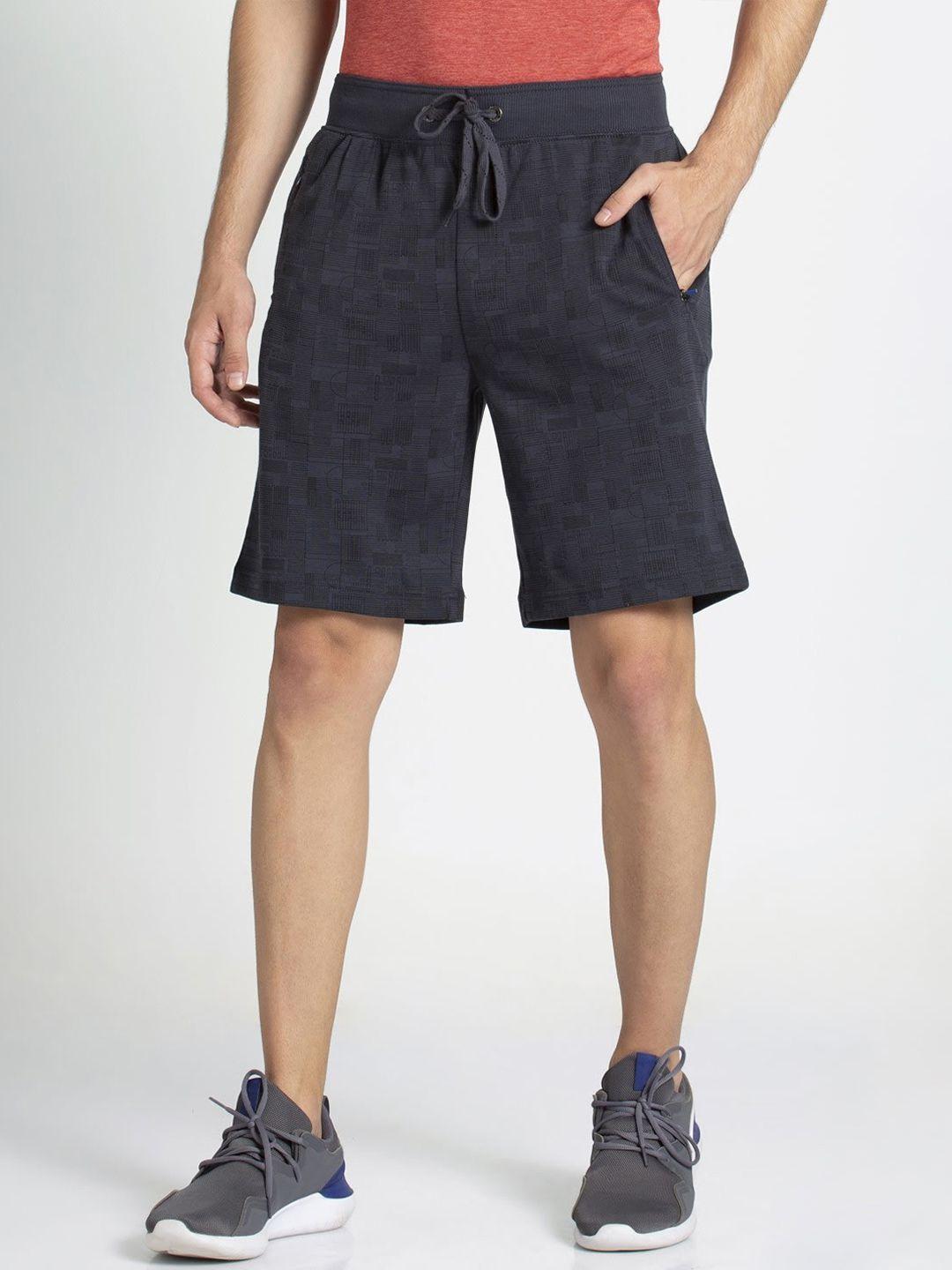 jockey men grey & navy blue printed straight fit sports shorts