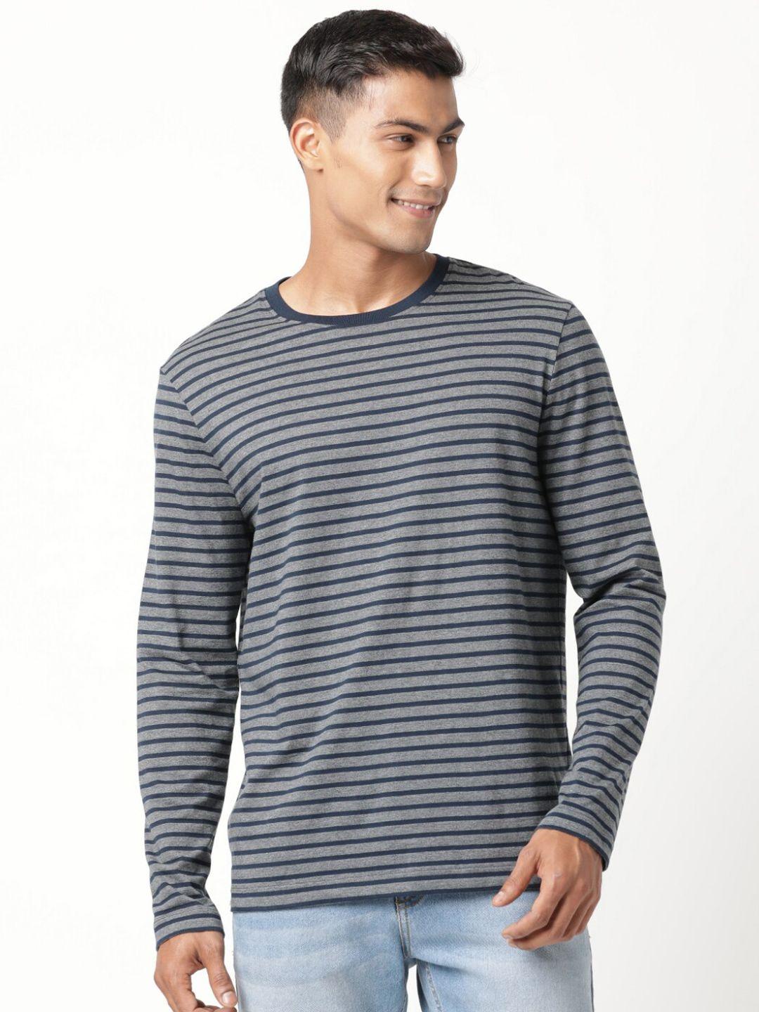 jockey men navy blue striped round neck full sleeve t-shirt