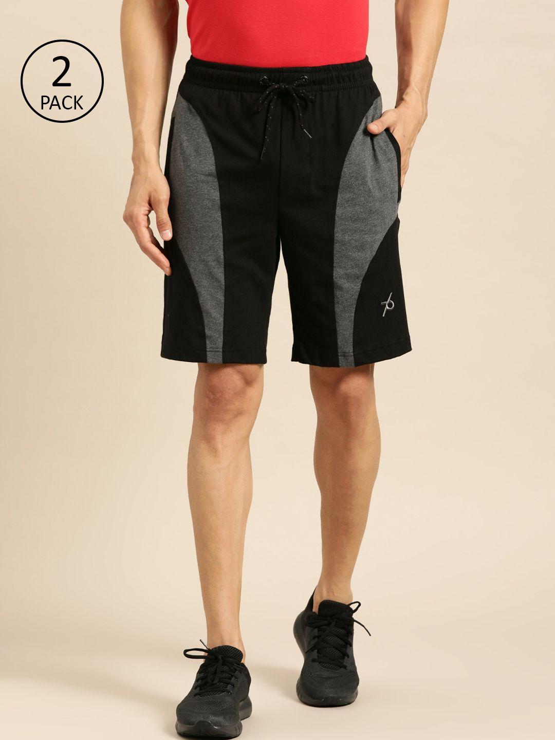 jockey men pack of 2 black & charcoal grey colourblocked straight fit sport shorts
