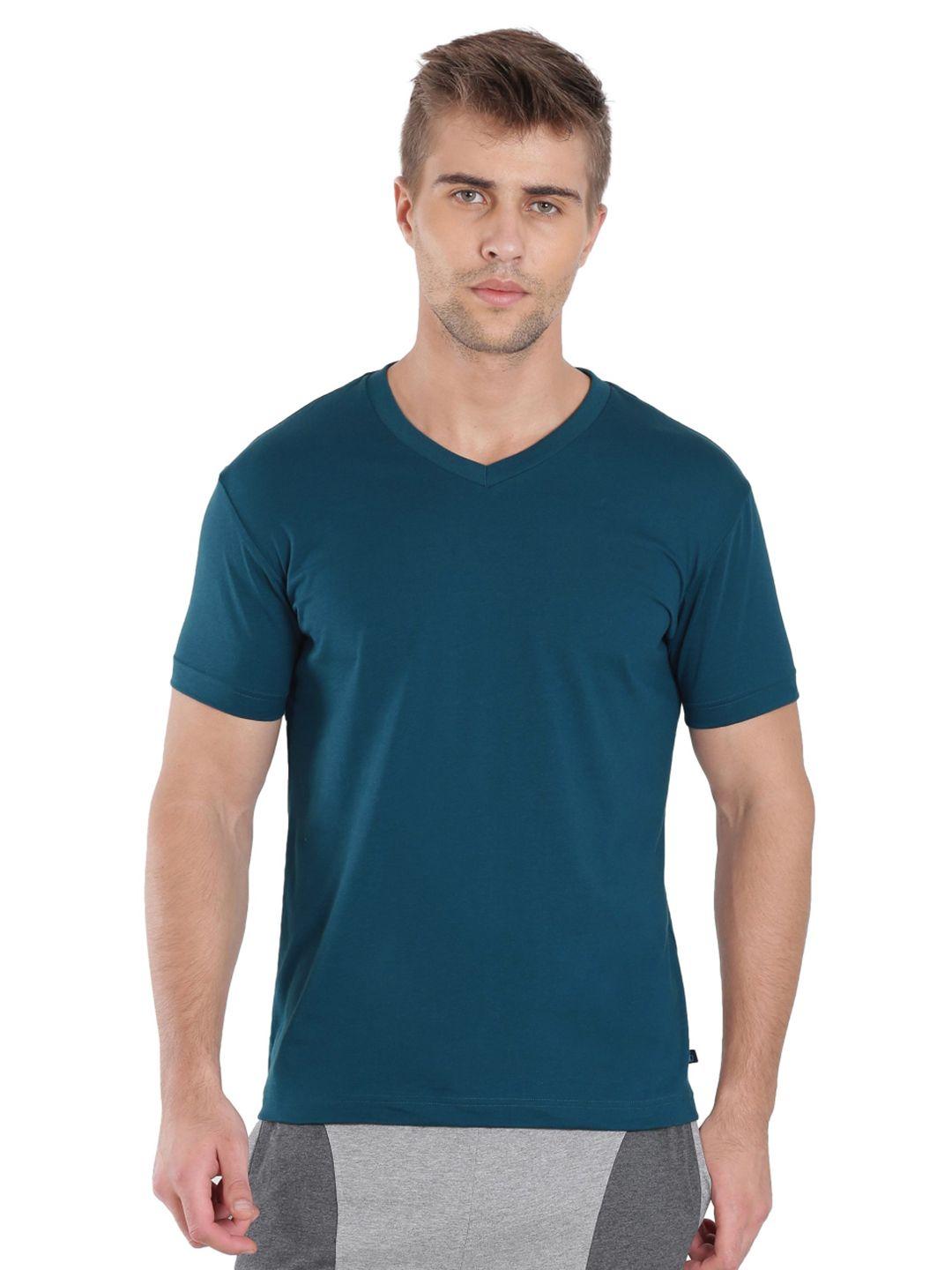 jockey men teal blue solid v-neck pure cotton t-shirt
