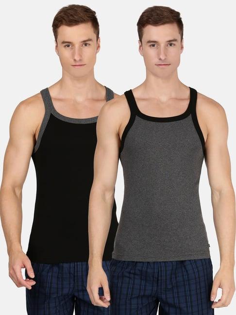 jockey us27 grey & black super combed cotton gym vest - pack of 2 (shoulder strap color may vary)