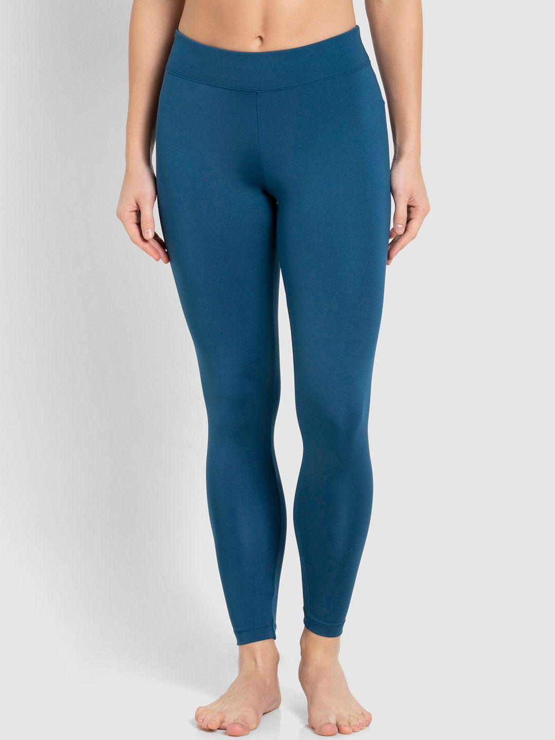 jockey women blue solid ankle-length leggings