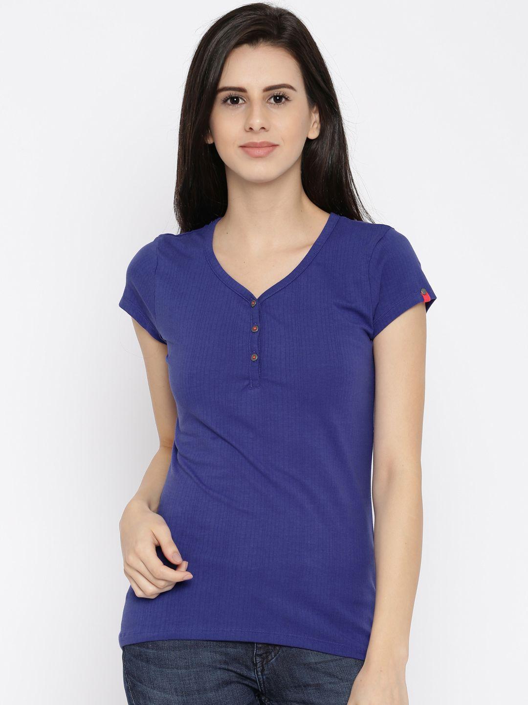 jockey women blue solid round henley t-shirt