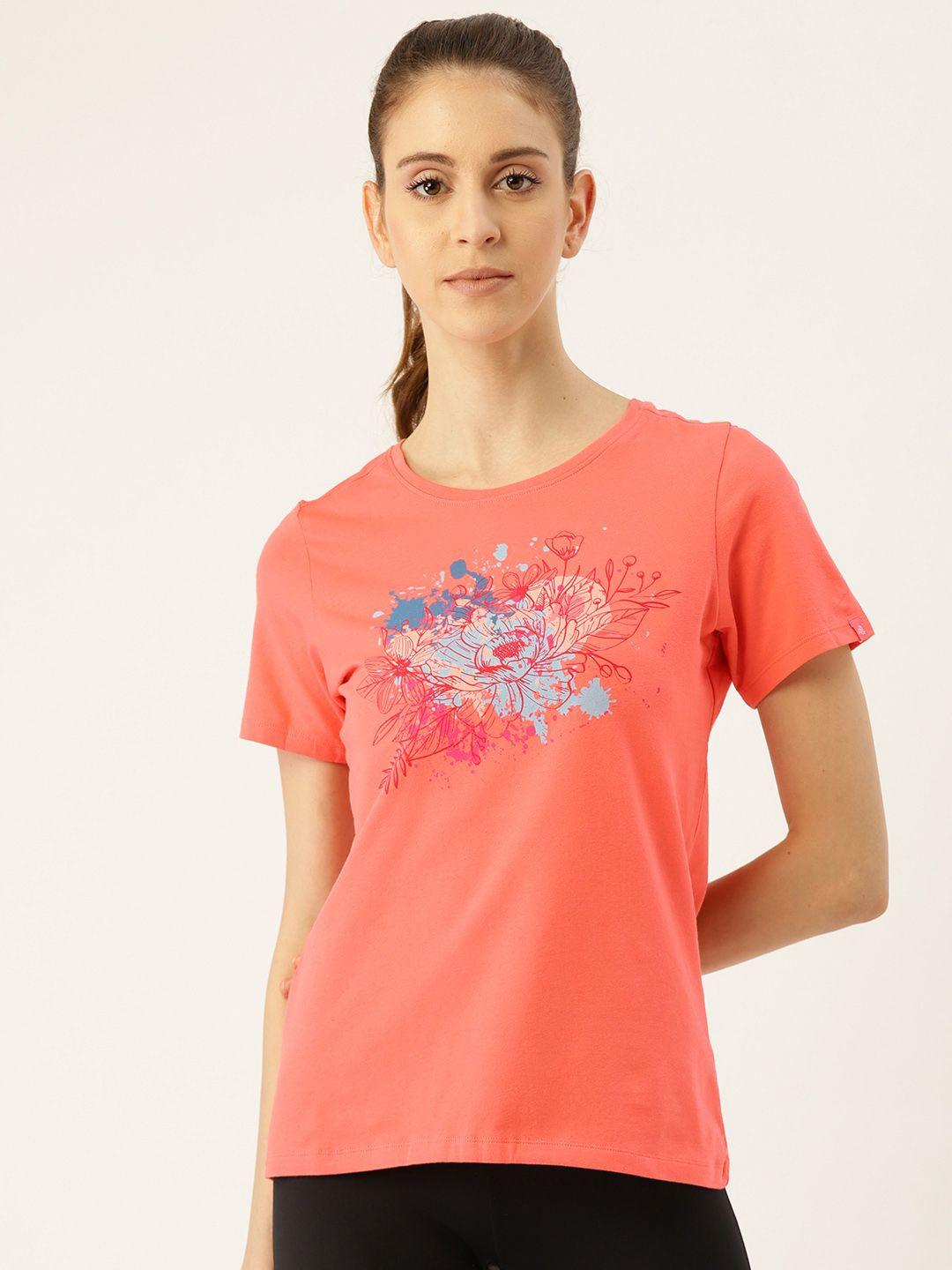jockey women coral pink & blue comfort fit printed round neck t-shirt