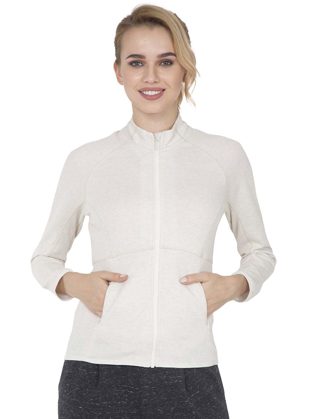 jockey women cream-coloured solid sporty jacket