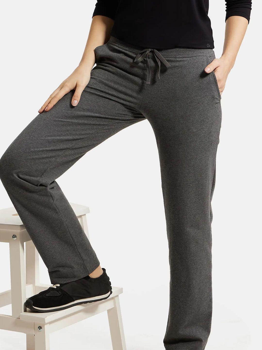 jockey women grey solid relaxed fit cotton track pants