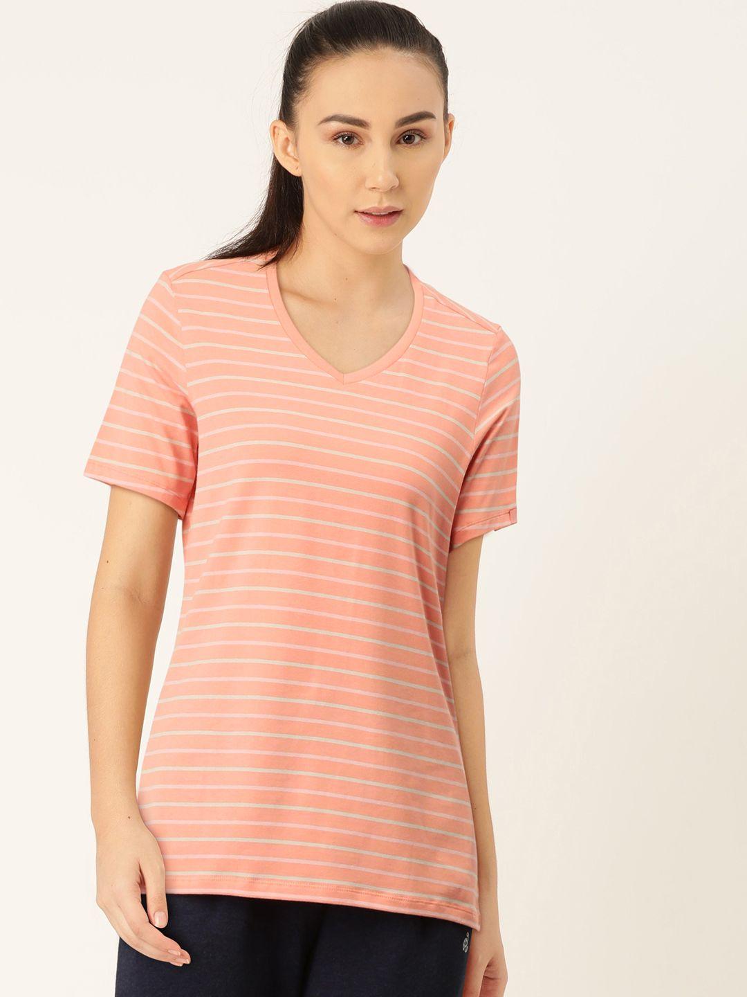 jockey women peach-coloured & white striped v-neck t-shirt