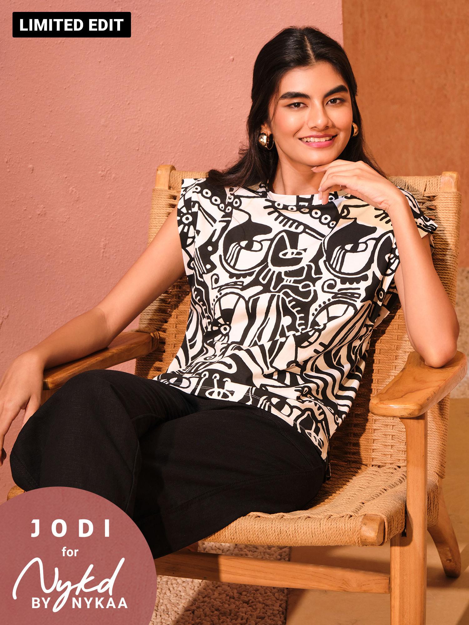 jodi x nykd cotton round neck extended shoulder tshirt - nyj12- black & white intertwined print