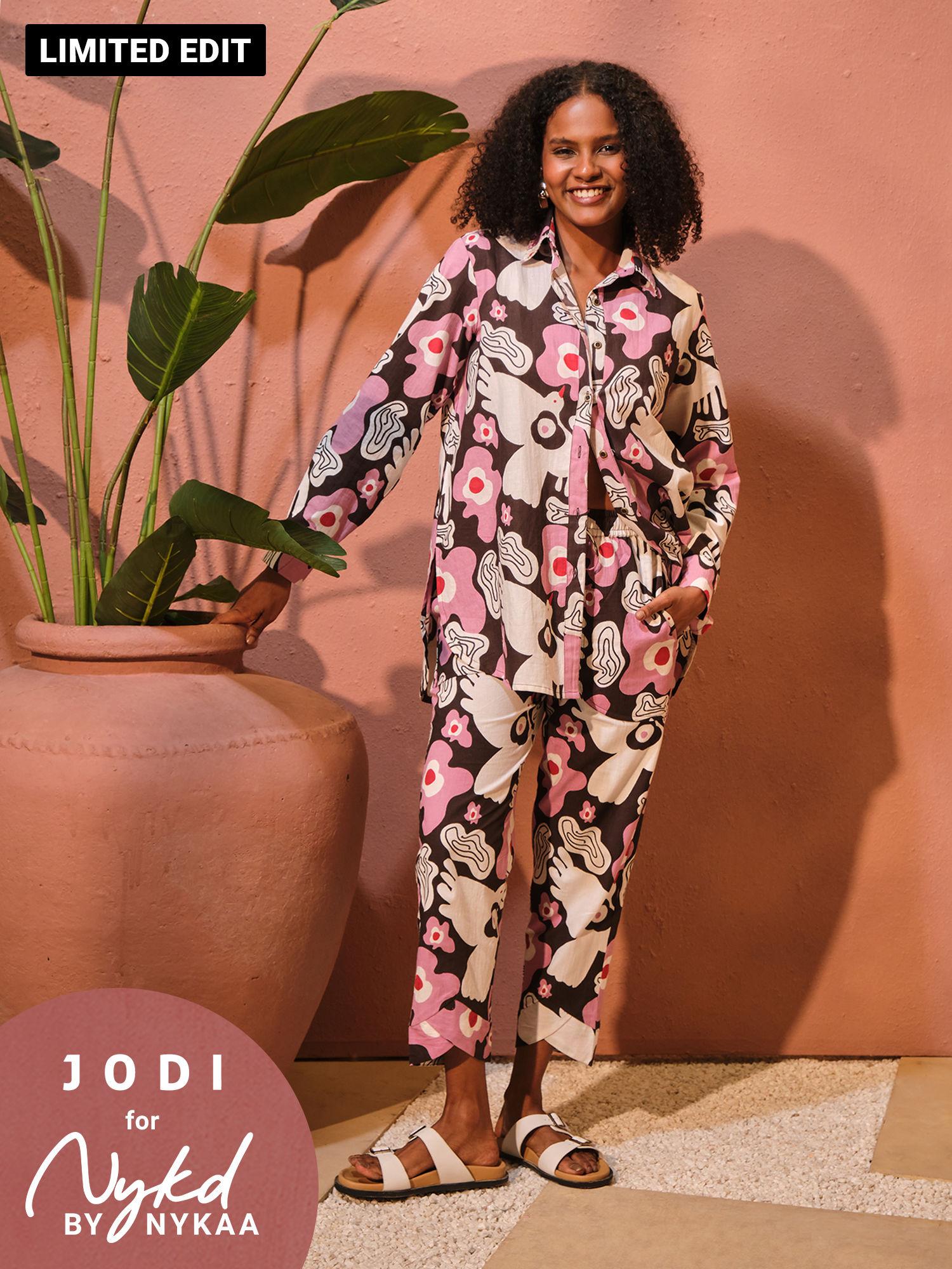 jodi x nykd mangalgiri cotton tulip hem tapered pants with pompoms nyj04 pink peace bird print