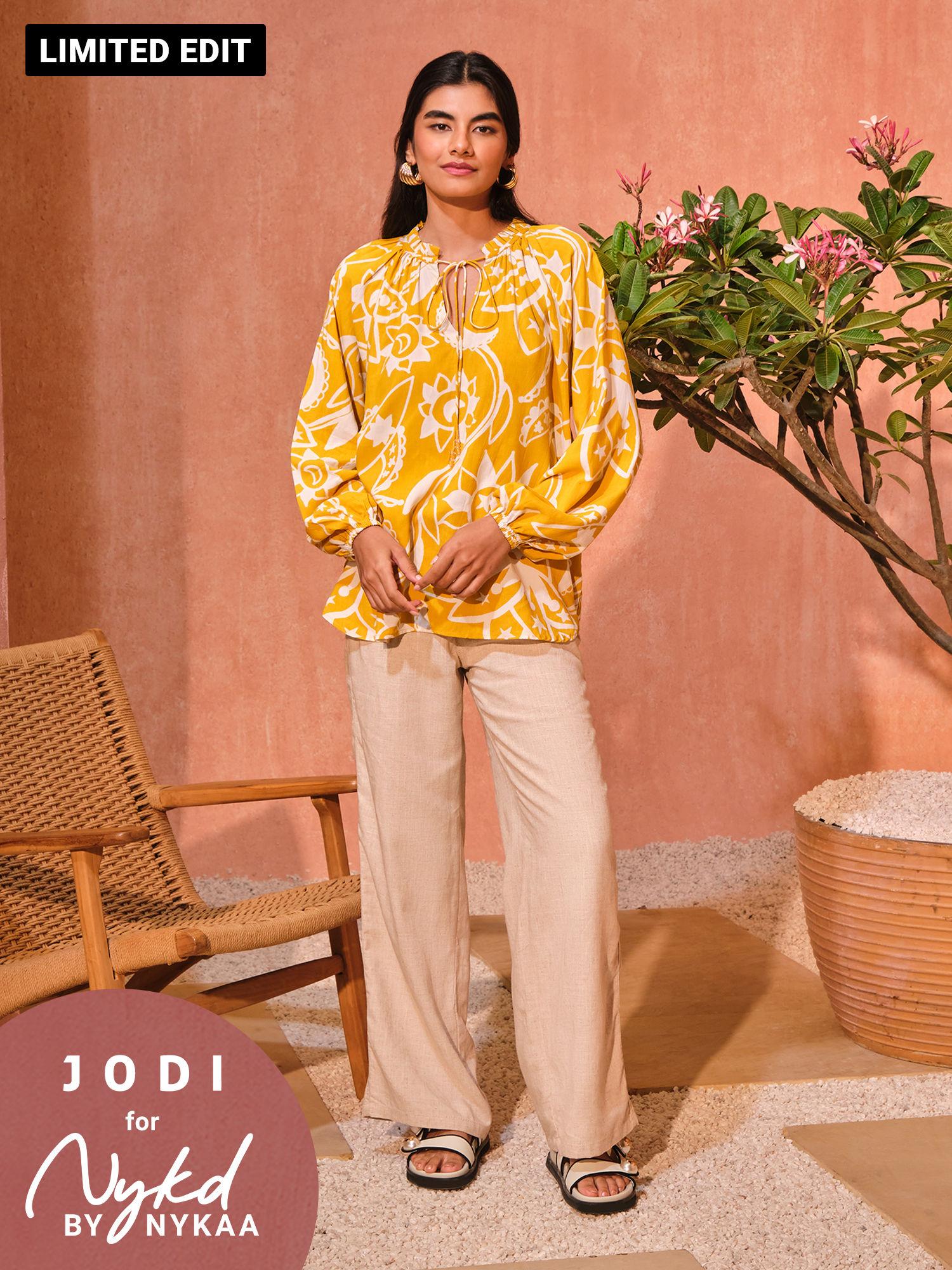jodi x nykd modal bubble sleeve long top with beaded tassels - nyj11 - mustard sun & moon print