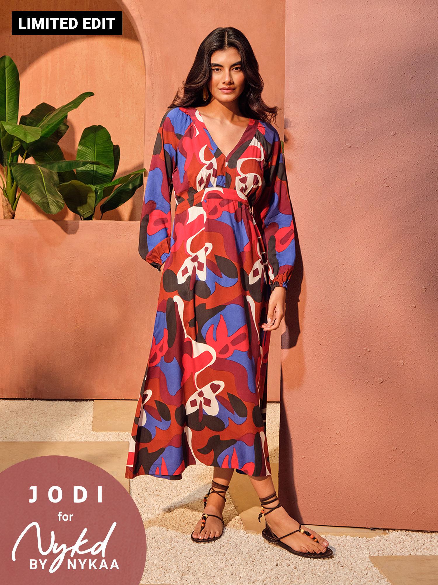 jodi x nykd modal flowy v neck maxi dress with beaded tassels nyj08 toffee patch print