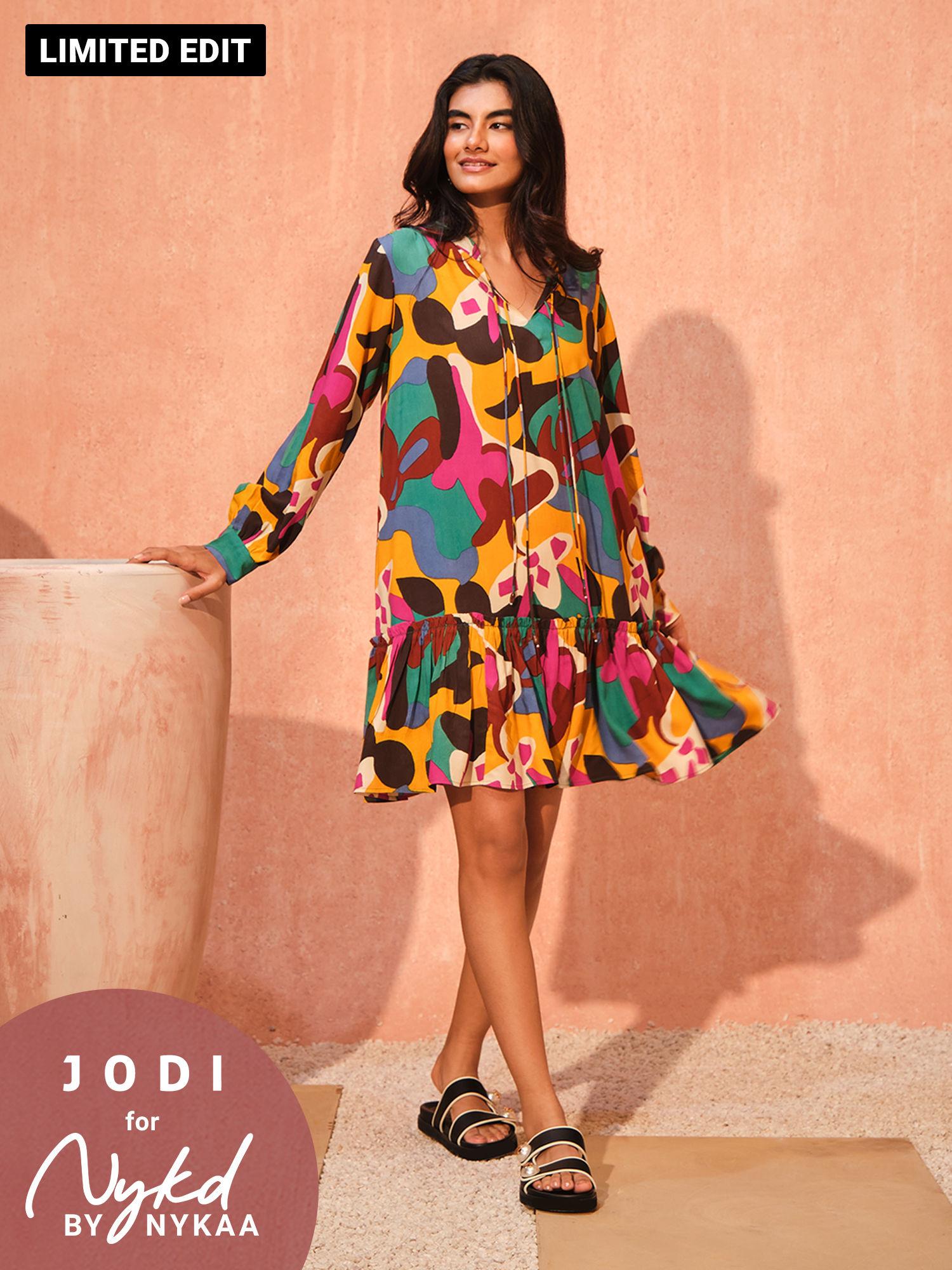 jodi x nykd modal knee length dress with ruched hem - nyj09 - colourful patch print