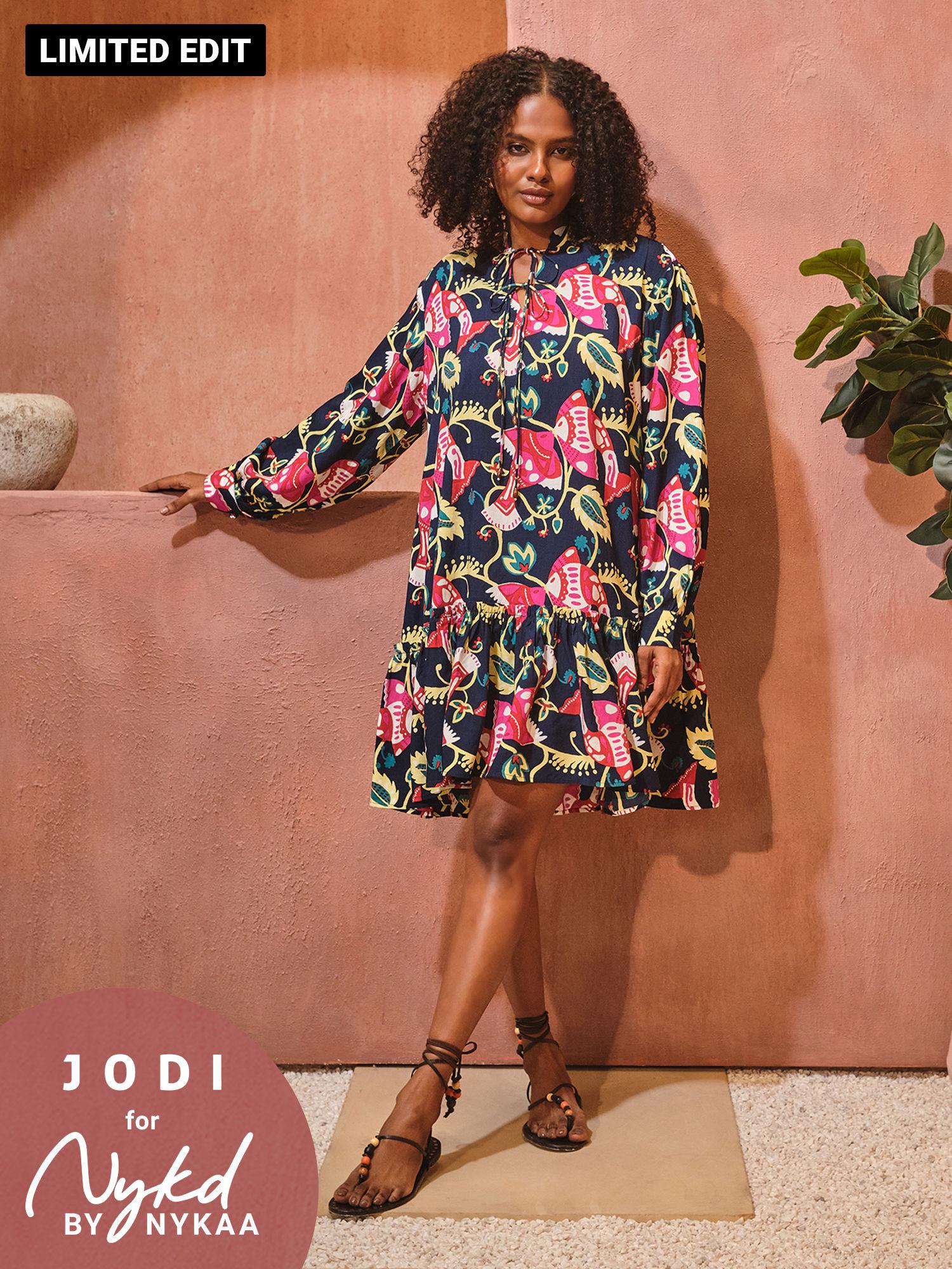 jodi x nykd modal knee length dress with ruched hem - nyj09- colourful fish print