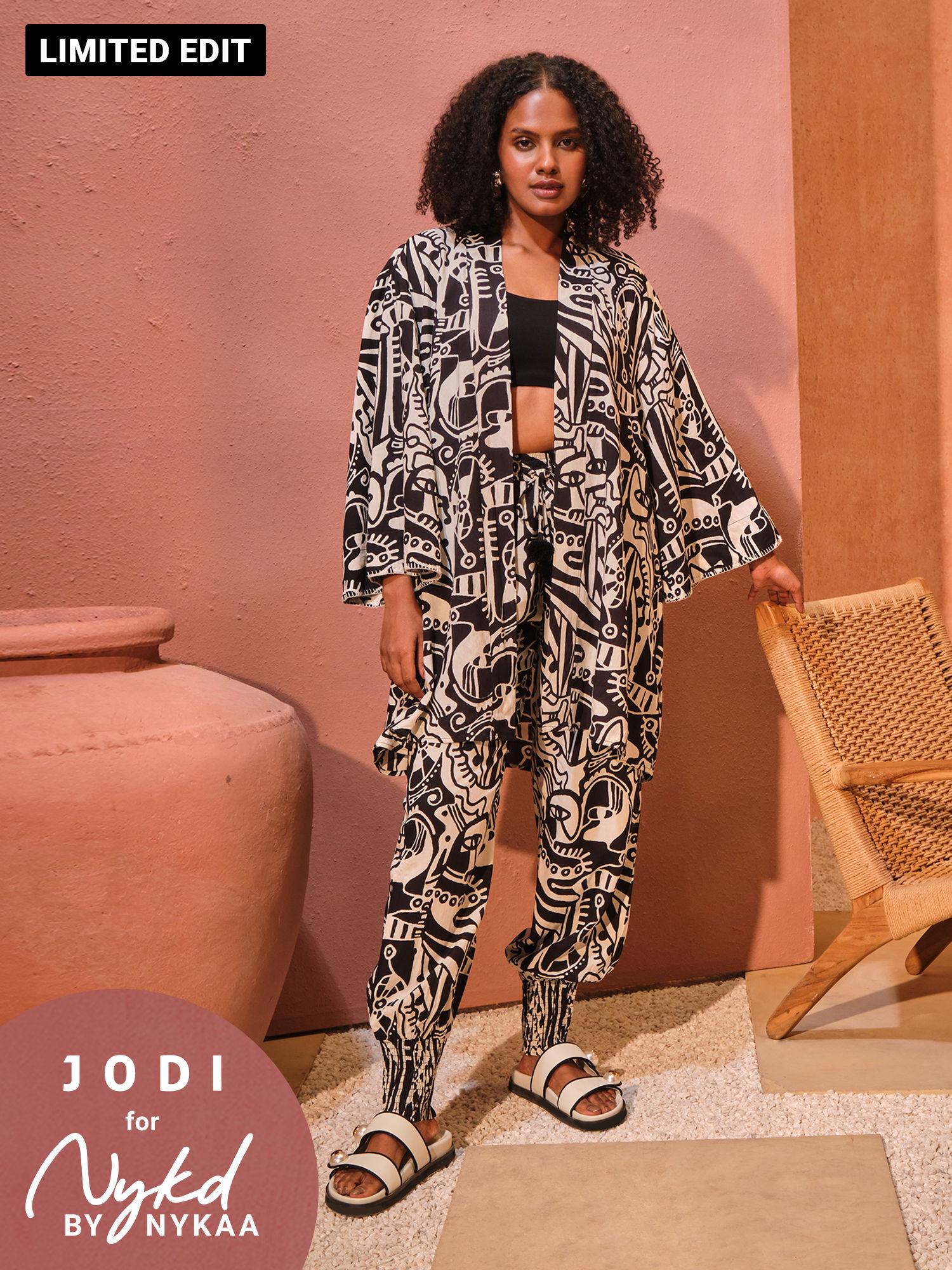 jodi x nykd modal shrug jacket with embroidered sleeves -nyj10-black & white intertwined print