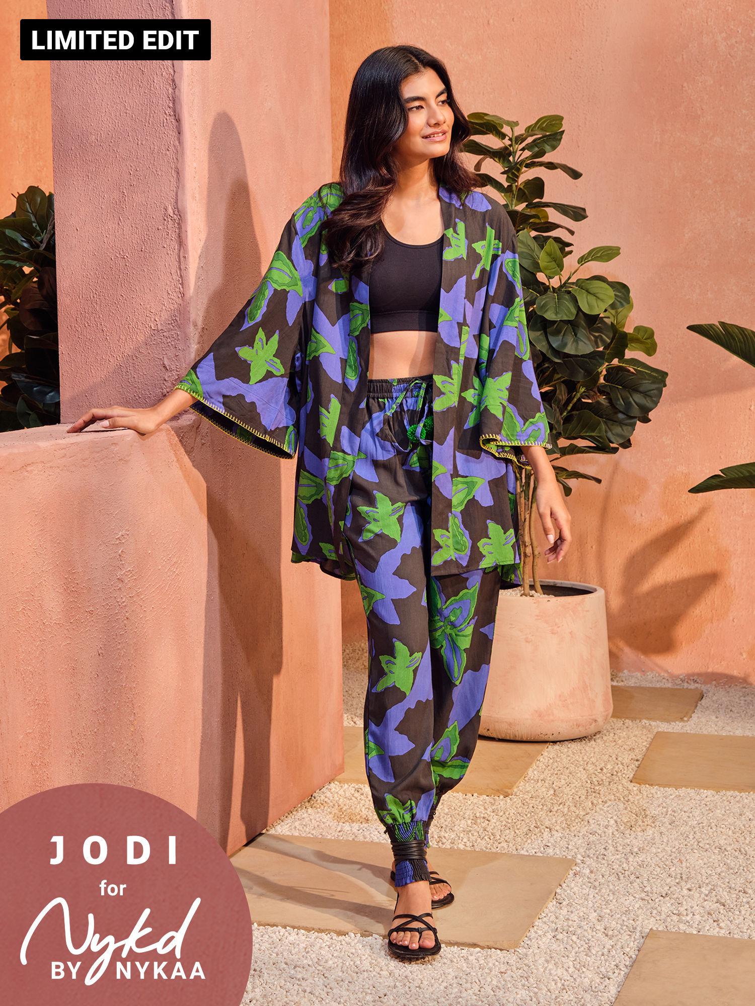 jodi x nykd modal shrug jacket with embroidered sleeves -nyj10-green floral print
